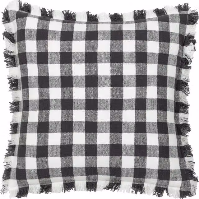 Bartoncheck Fringed Black Cotton and Polyester Filled Square Cushion