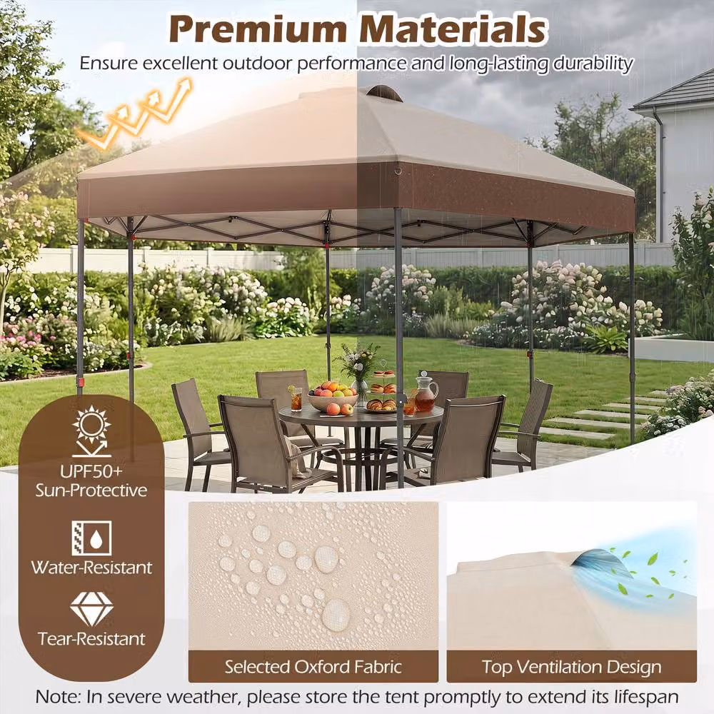 Costway Brown Pop Up Garden Gazebo with Adjustable Height Canopy Tent and Pegs, W/D/H: 360 x 360 x 360 cm – 6
