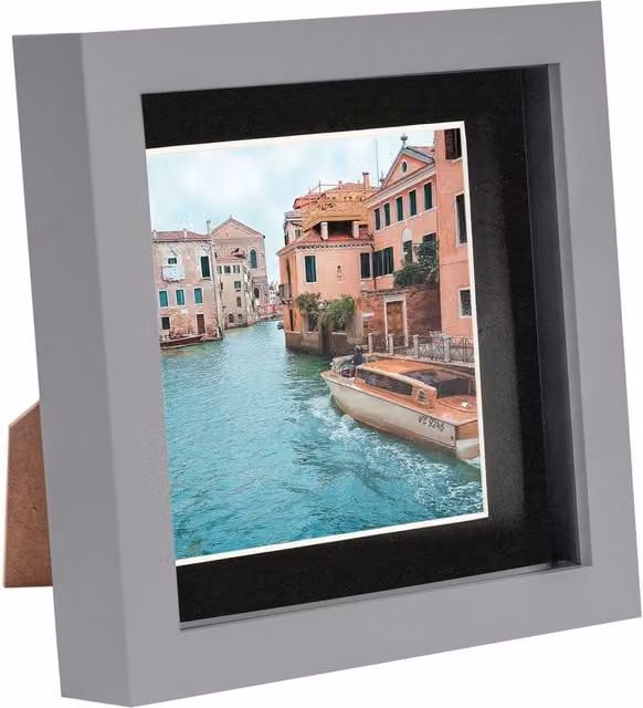 Nicola Spring Single Square 3D Box Photo Frame in Grey and Black with 4 x 4 inch Mount, 6 x 6 inch