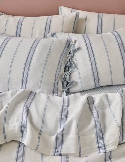 Piglet In Bed 2 Pack Reversible Striped Pure Linen Pillowcases in Blue Mix