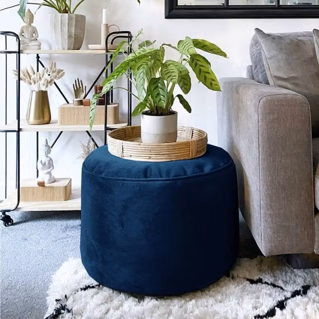rucomfy Velvet Pouffe Indoor Bean Bag Footstool in Dark Blue