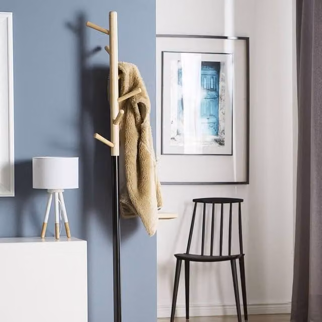 Wyld and Coco Pine and Black Steel Freestanding Coat Stand with Distributed Point Hooks