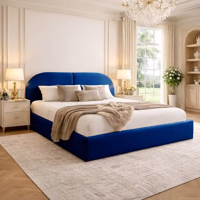 Desire Deco Dolores Upholstered King Size Bed Frame in Blue Plush Velvet
