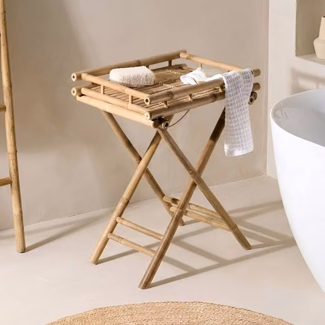Wyld and Coco Folding Bamboo Bathroom Side Table with Removable Tray in Natural Brown – 1