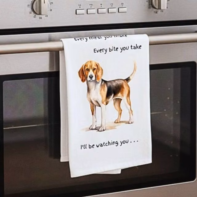 Animal Crackers Beagle Dog Novelty Cotton Tea Towel in White and Grey – 1