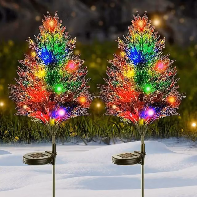 SPETLEK 2x Multicolour LED Solar Christmas Tree Stake Lights with Ground Spike, Black, H 100 cm x W 15 cm
