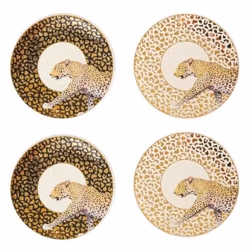 Orsina Set of 4 Leopard Print Stoneware Canape Plates in Black, White and Gold