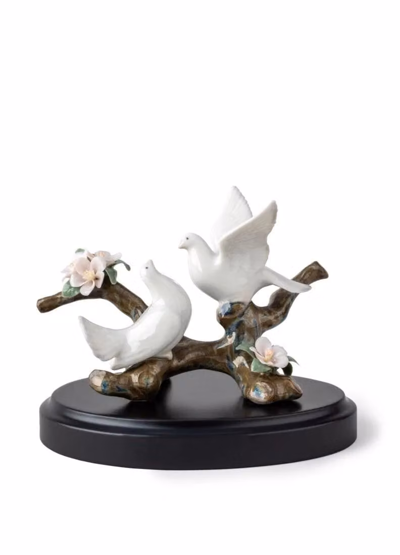 Lladró Doves on A Cherry Tree Porcelain Figurine in White