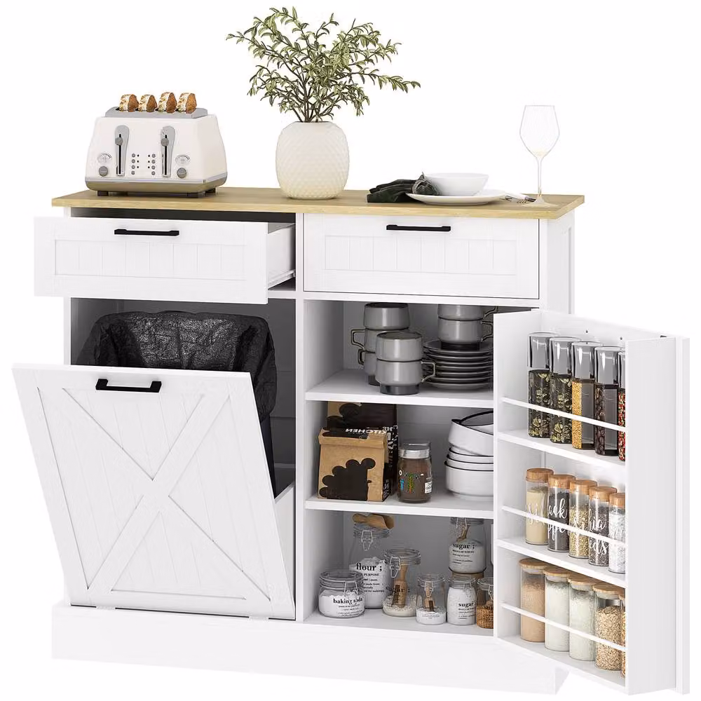 HOMCOM Farmhouse Kitchen Sideboard with 2 Drawers and Integrated Trash Bin in White – 2