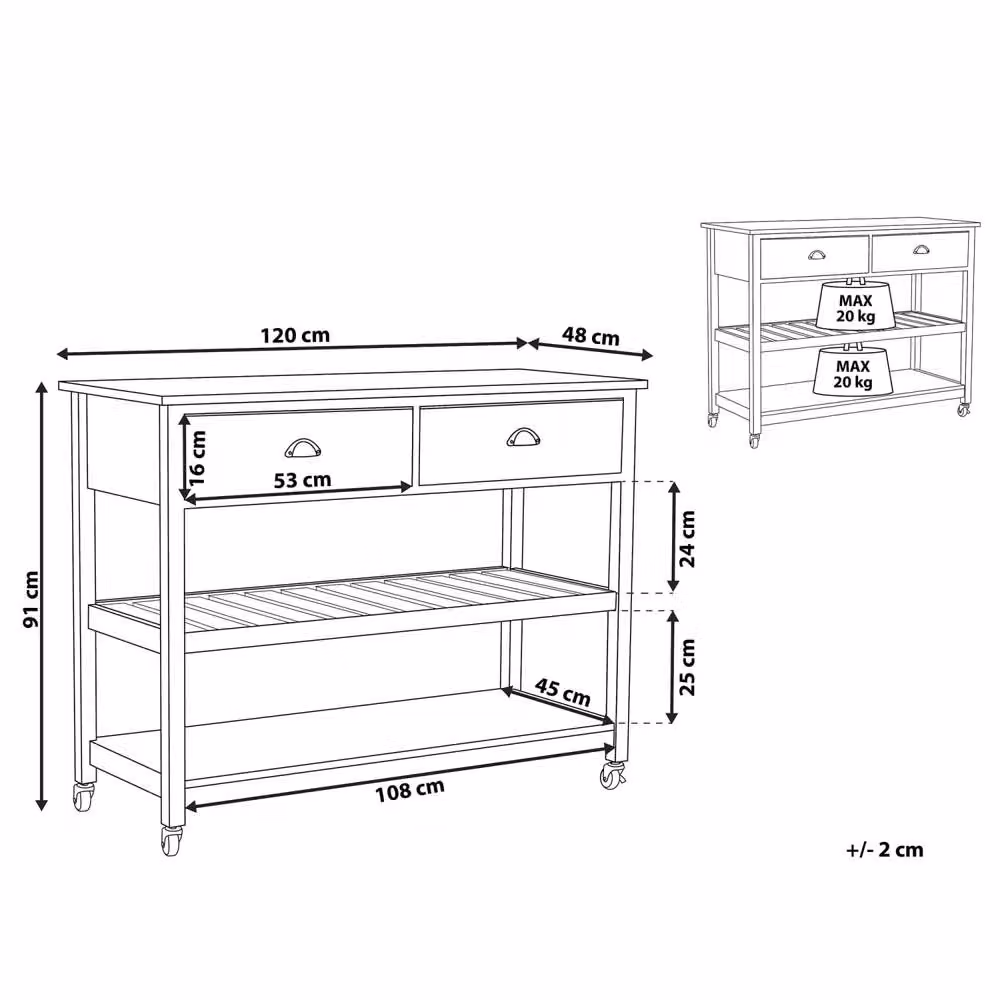 Wyld and Coco Nordic Scandinavian Kitchen Trolley in Black with Rubberwood Top, 2 Drawers and 2 Shelves – 3