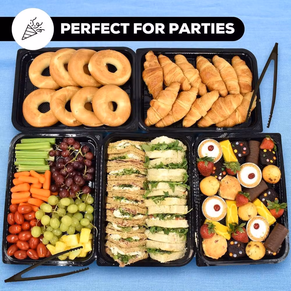 ebake 25 Pack Black Rectangular Plastic Medium Serving Platter Trays with Transparent Lids – 5