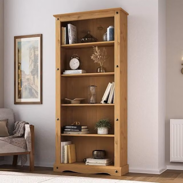 Mews Corona Tall Large Rustic Waxed Pine Bookcase in Brown