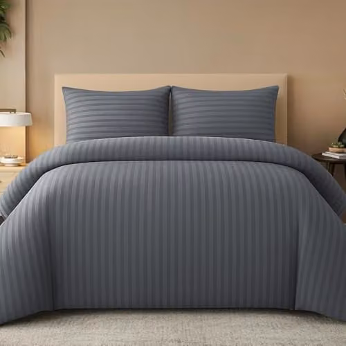 Pamposh Grey Satin Stripe Single Duvet Cover and Pillowcase Set, Microfibre Bedding, W/H: 135 x 200 cm, Pillowcase: 50 x 75 cm – 1