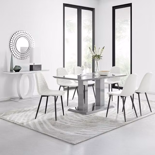FurnitureboxUK Imperia Grey Glass Dining Table and 6 Corona Black Leg Chairs in White