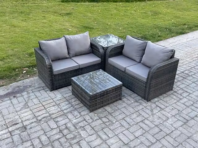 Fimous Rattan Garden Furniture Set in Grey with 2-Seater Sofa, Coffee Table and Side Table