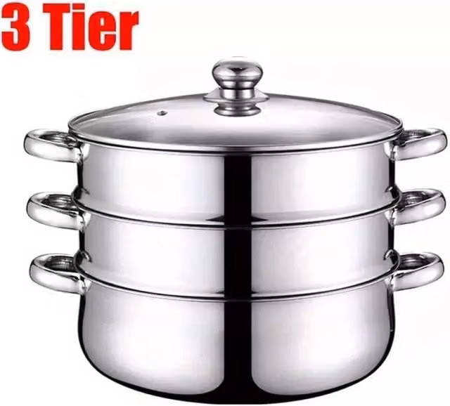 Kelvenix 3 Tier Stainless Steel Steamer Pan with Glass Lid, Silver – 1