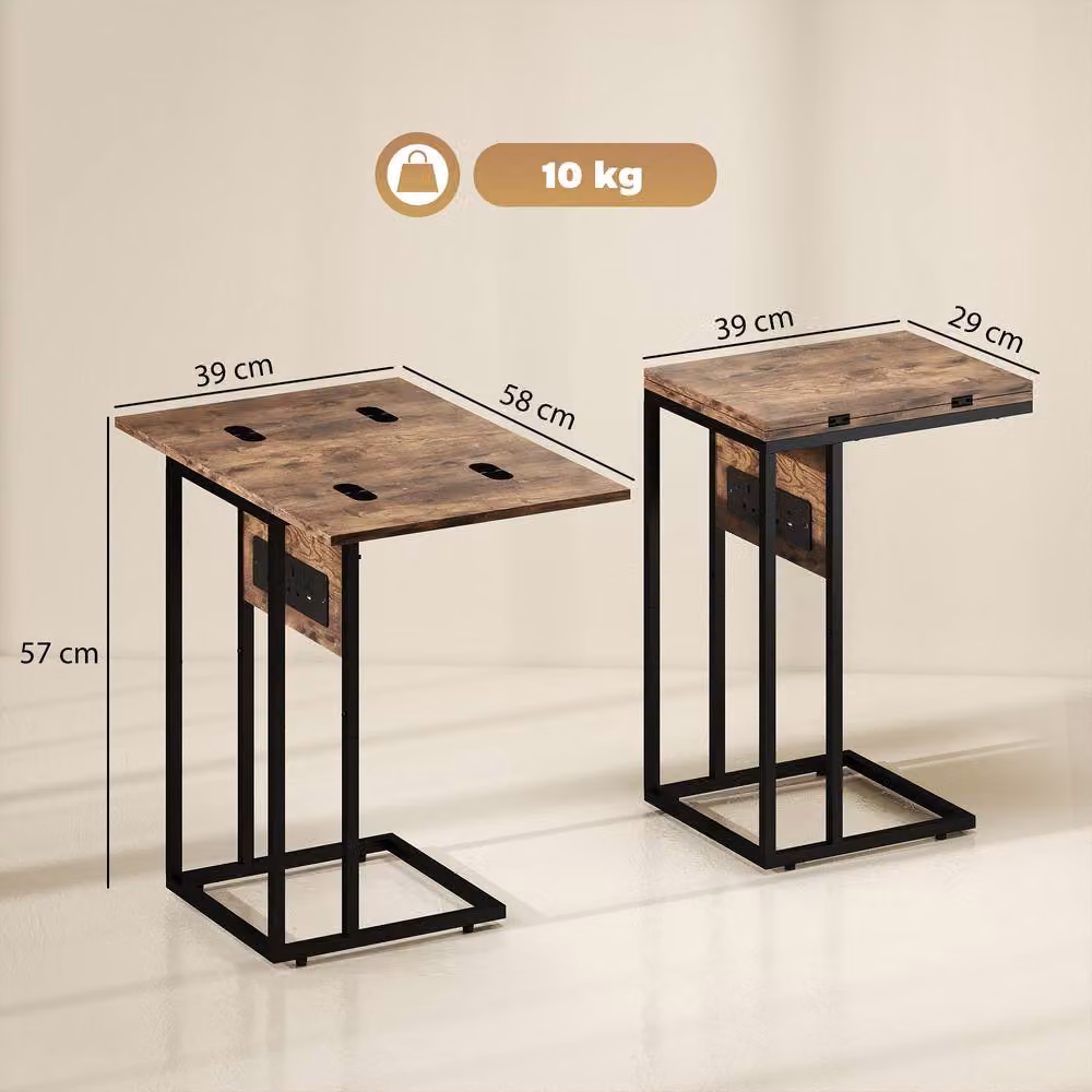 ERGOVEXA C Shaped Side Table with Charging Station and Foldable Drop Leaf Top in Rustic Brown and Black – 2