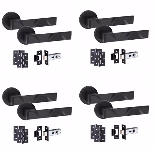 Golden Grace Nova Door Handles on Rose with Latch, Matt Black, 4 Sets