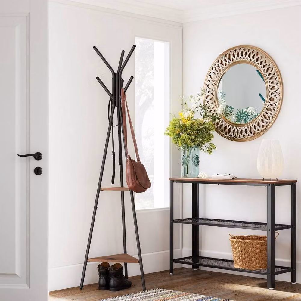 Kelvenix Brown Free Standing Hall Tree Coat Stand with Tripod Base and Distributed Point Hooks – 2