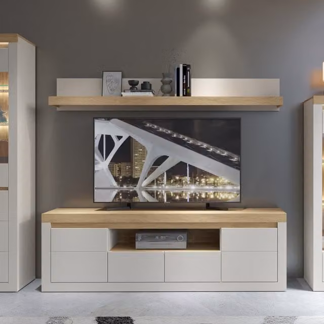 Furniture To Go Naxxar Modern TV Cabinet in Cashmere and Stone Oak with 2 Doors, 2 Drawers, Integrated Lighting and Soft-Close Drawers