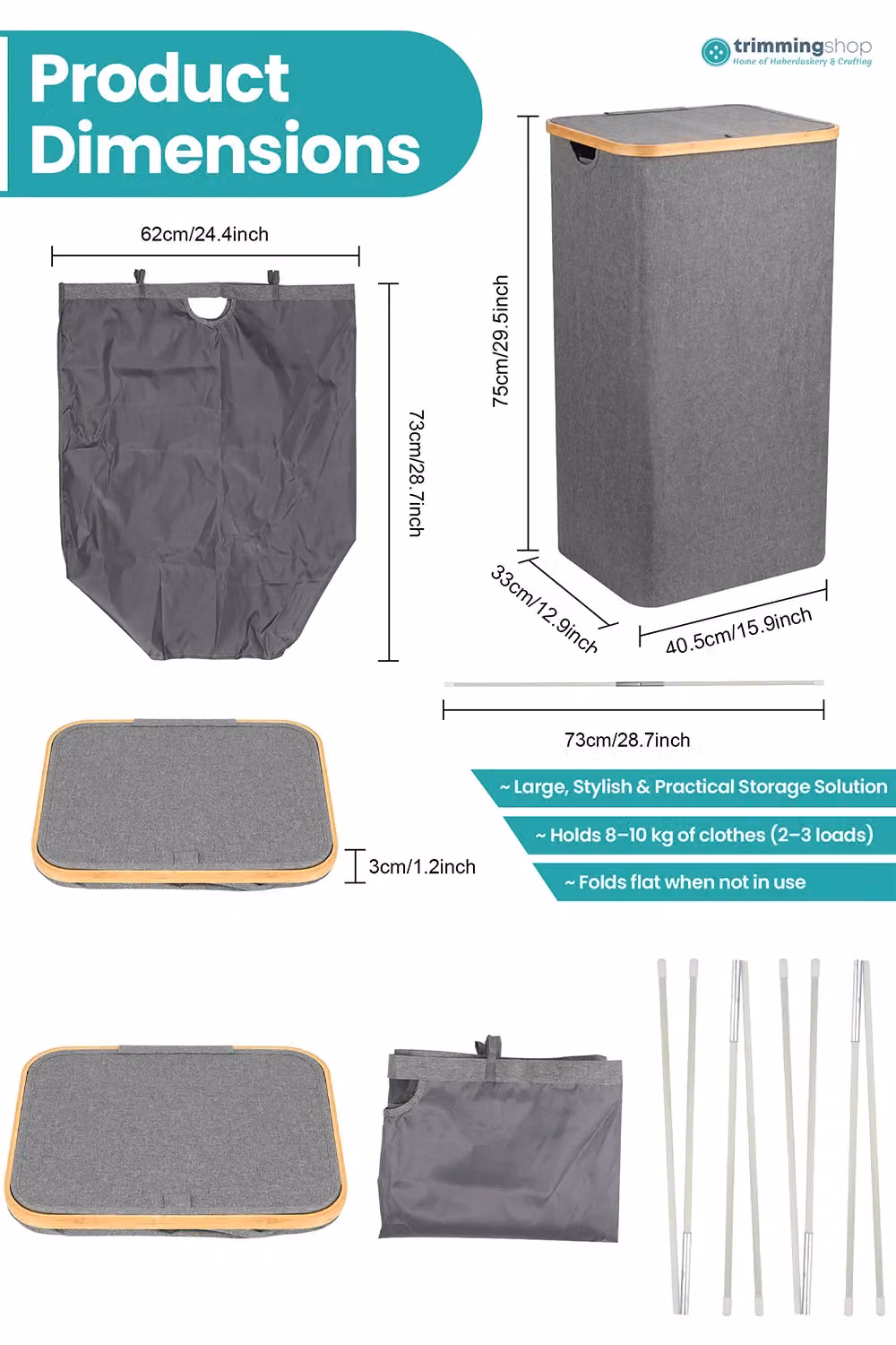 Neel Blue 100L Foldable Laundry Hamper with Lid in Grey and Blue, W/D/H: 40.5 x 40.5 x 75 cm – 2