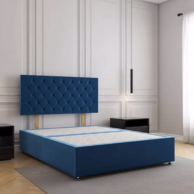 Regional Furnishings Upholstered Plush Velvet Divan Bed with 24 inch Headboard in Blue, Single, W/D/H: 90 x 200 cm