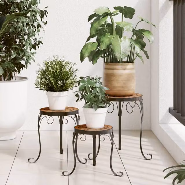 Berkfield Home Set of 3 Terracotta Brown Ceramic and Metal Plant Stands