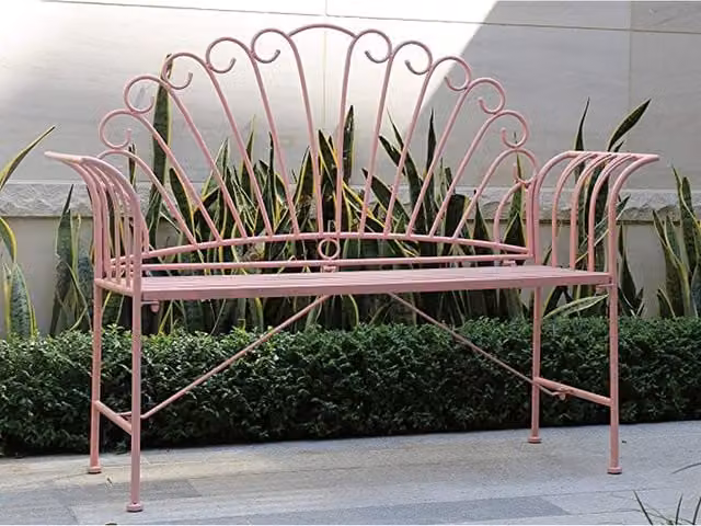 GlamHaus Palermo Handmade Vintage Shabby Chic Foldable Metal Garden Bench in Pink