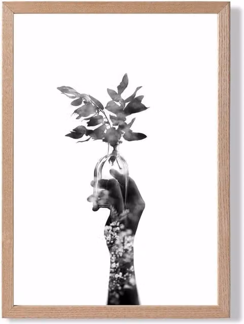 ARTZE Abstract Hand and Forest Black and White Framed Photo Print with Oak Frame, A3