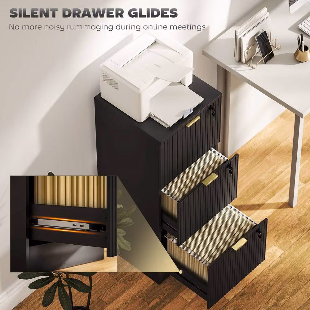 HOMCOM Black Modern File Cabinet with 3 Lockable Drawers and Hanging Rails – 5