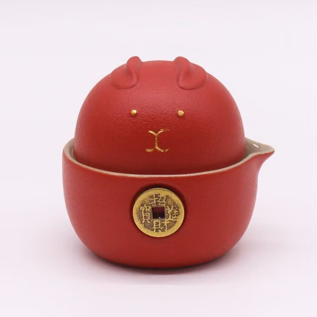 KDMK Money Cat Ceramic Teapot Set with 2 Cups in Red and Gold Prosperity Design