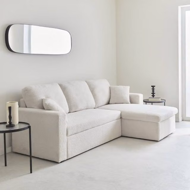 sweeek 3-Seater L-Shape Corner Sofa Bed in Cream Boucle with Reversible Sleeping Function and Pull-Out Drawer, W/D/H: 219 x 140 x 81 cm