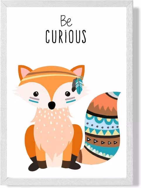 ARTZE Be Curious Fox Tribal Animal Quote Framed Print, Orange and White, A3