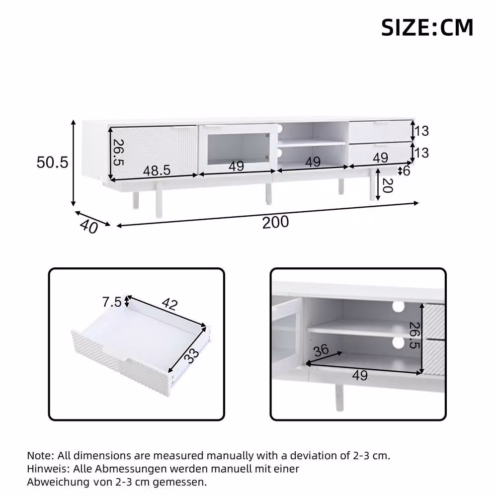 Merax Modern White TV Unit with Glass Door and Drawers, W: 200.0 cm, D: 40.0 cm, H: 50.5 cm – 2
