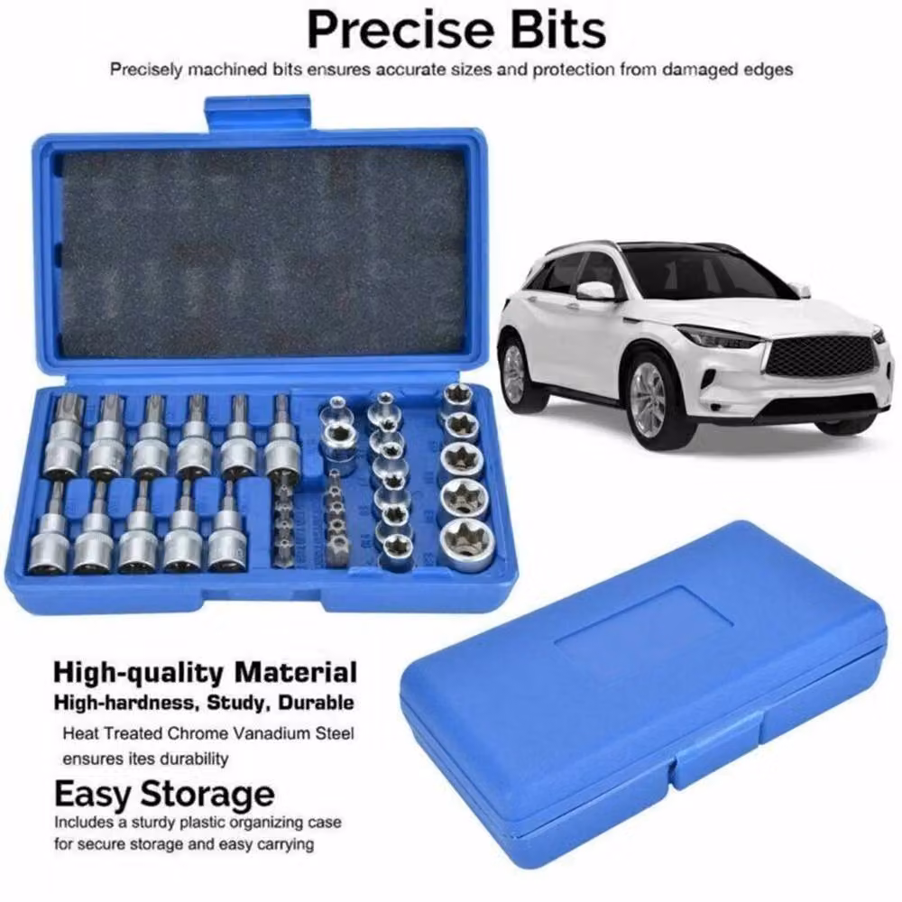 Nordara 34pc Torx Star Socket and Bit Set with 3/8 inch Drive and Carrying Case in Silver and Blue – 3