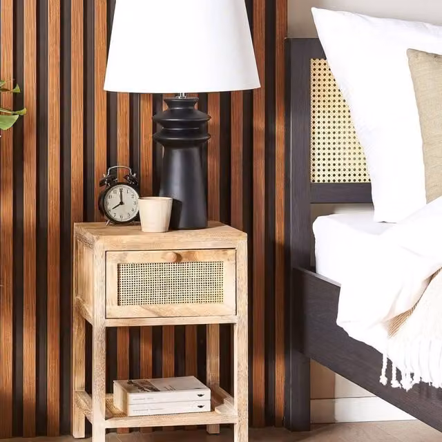 Wyld and Coco Paulownia Wood Bedside Table with 1 Drawer and Brown Rattan Front