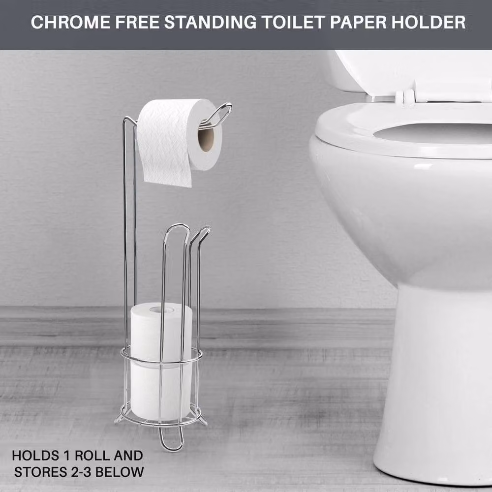 EONLION Silver Metal Freestanding Toilet Paper Roll Holder with Spare Roll Storage – 2