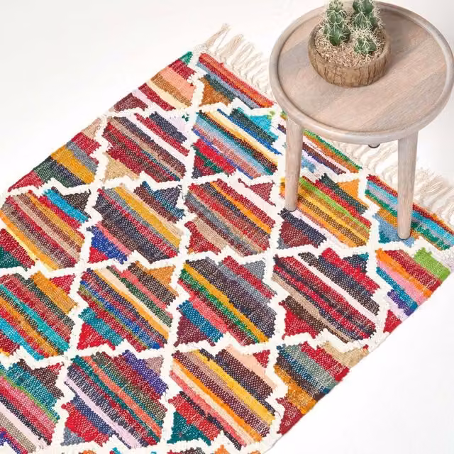 Homescapes Amsterdam Handwoven Cotton Chindi Rug in Multicolour and White, 150 cm