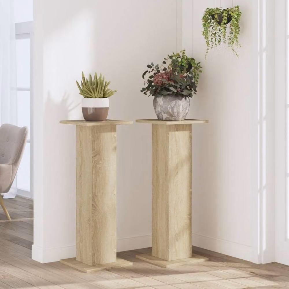 Berkfield Home Set of 2 Square Plant Stands in Sonoma Oak and Beige, W/D/H: 30 x 30 x 80 cm – 3