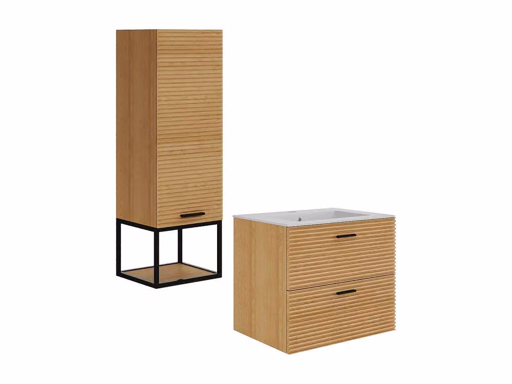 Vente-unique Fluted Wall-Hung Bathroom Vanity Unit and Tall Cabinet in Light Oak – 2