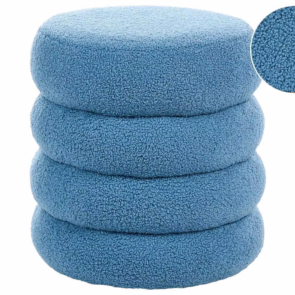 Wyld and Coco Blue Bouclé Round Cylindrical Pouffe Footstool – 2