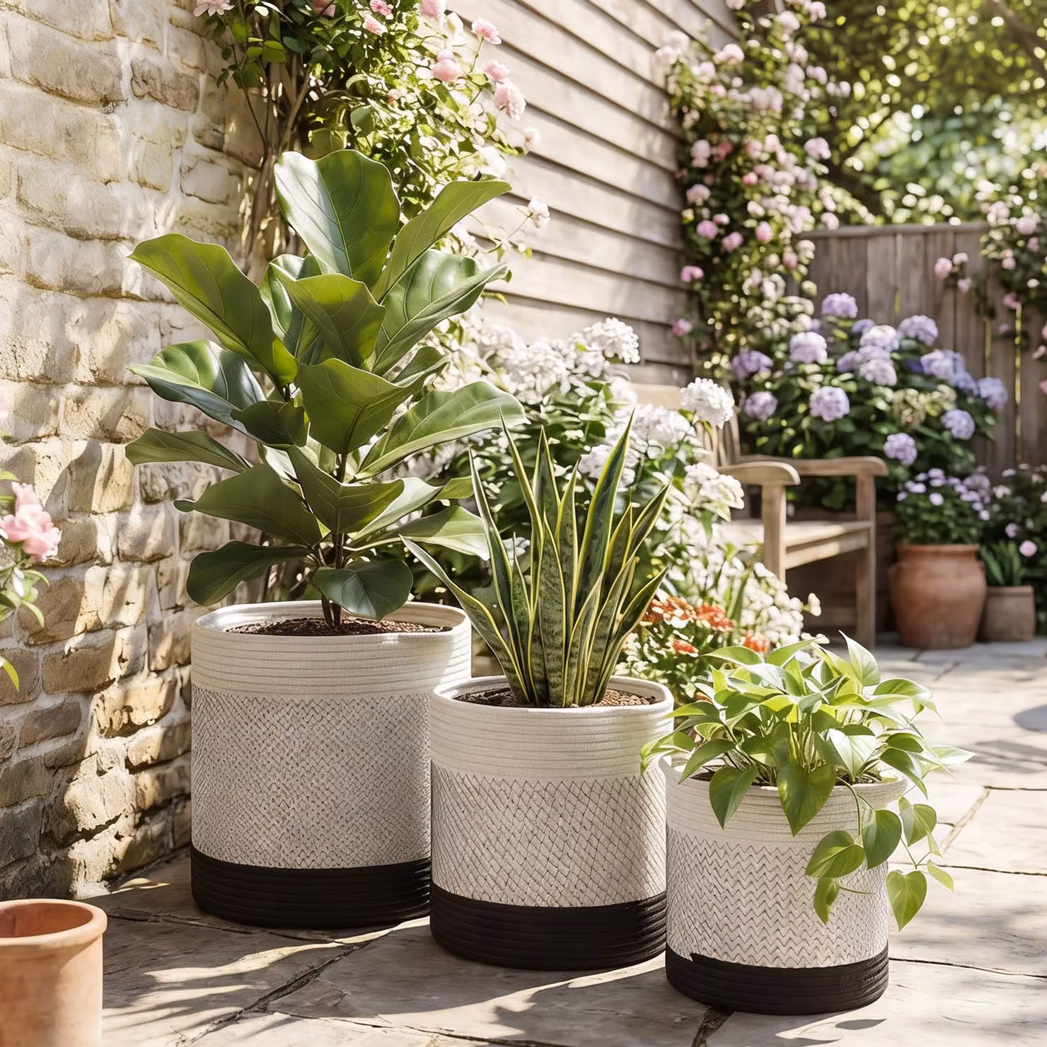 Outsunny Set of 3 Handwoven Cotton Indoor Planters with Waterproof Liner, White – 7