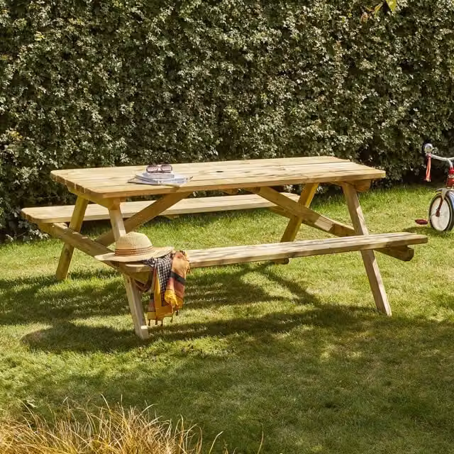 Cerland Romane 6 Seater Rustic Wooden Garden Picnic Table with Folding Benches, Natural Brown