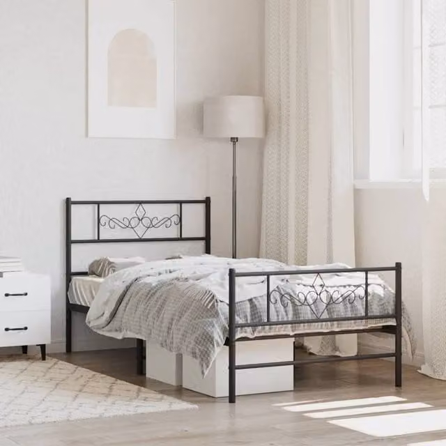 Berkfield Home Metal Bed Frame with Headboard and Footboard in Black, W/D/H: 100 x 200 cm