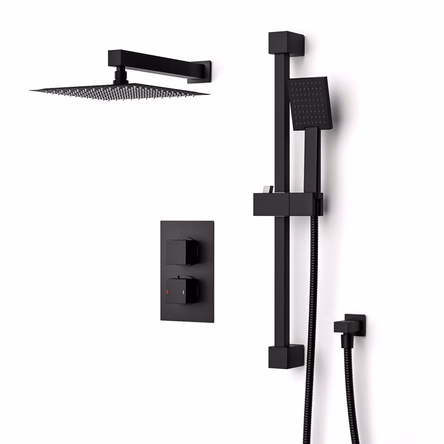 Nes Home Temel 2 Dial Thermostatic Mixer Shower Set with Handset and Riser Slider Rail in Matt Black – 3
