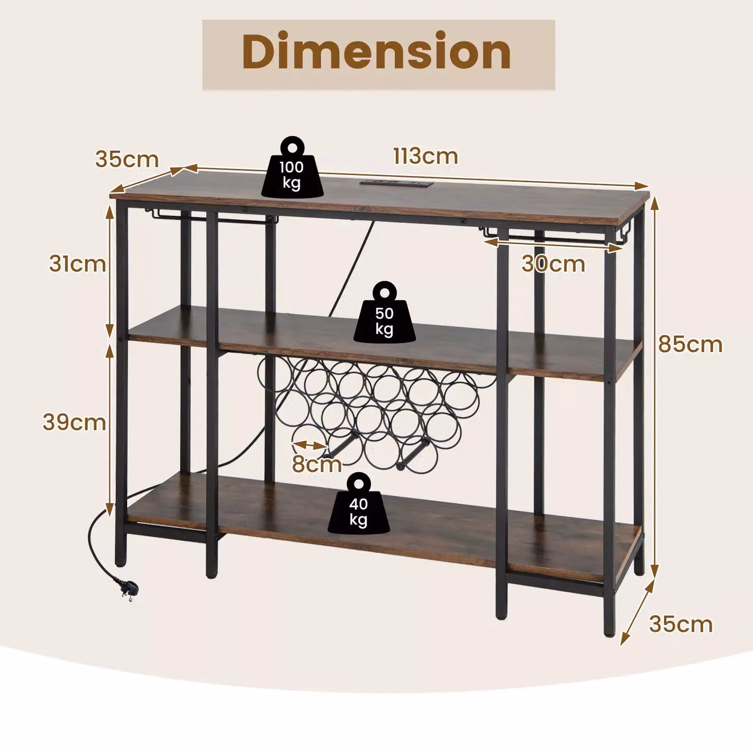 Costway 3-tier Industrial Wine Bar Cabinet with Storage Shelves and Glass Holder in Brown – 2