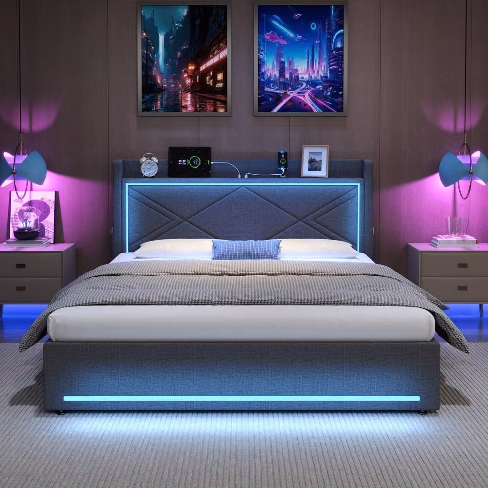 Rolipo King Size Upholstered Ottoman Bed in Grey with LED Under-Bed Lighting and USB Charging Ports, W/D/H: 180 x 200 cm – 4