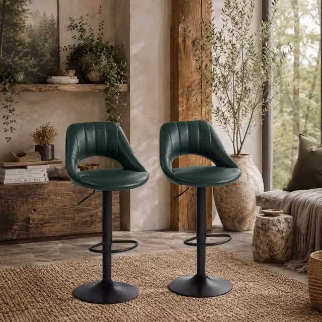 Wyld Haus Nimba Set of 2 Dark Green Faux Leather Adjustable Counter Bar Stools