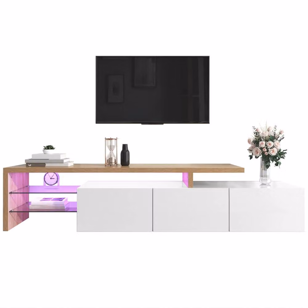 Merax Modern High Gloss White TV Stand with Glass Details, W: 192.5 cm, D: 42 cm, H: 42 cm – 2