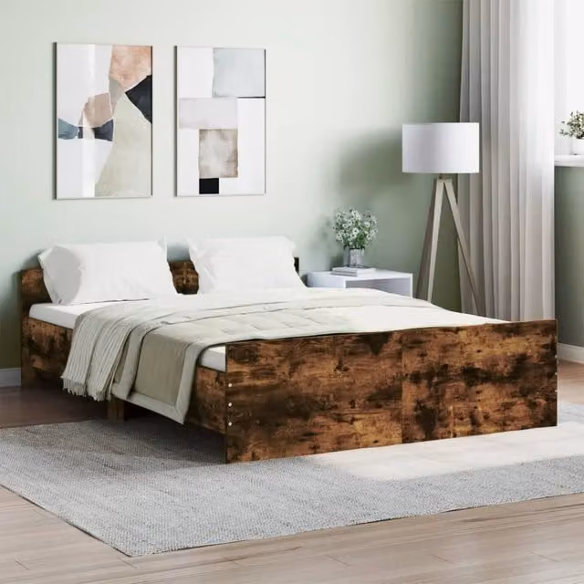 Berkfield Home Double Bed Frame with Headboard and Footboard in Smoked Oak Brown, W: 135 cm, L: 190 cm